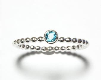 Faceted Blue Topaz and  Silver Pearl Wire Stacking Ring