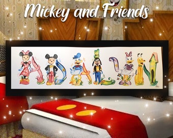 Custom Mickey and Friends Name Painting, Minnie, Goofy, Donald Duck, Pluto, Daisy Duck, Sorcerer Mickey, name art, painted name letter, baby