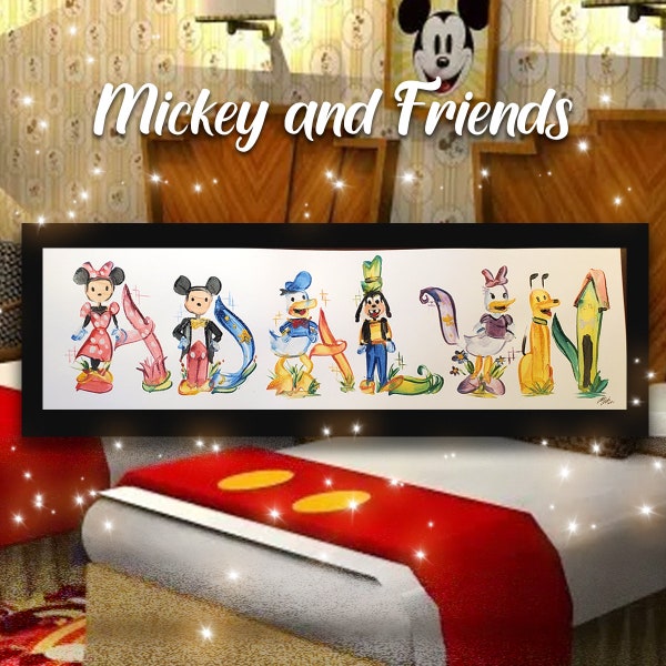 Custom Mickey and Friends Name Painting, Minnie, Goofy, Donald Duck, Pluto, Daisy Duck, Sorcerer Mickey, name art, painted name letter, baby