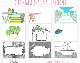 10 Printable Snail Mail Art Envelopes. Print on 8.5x11 paper then cut and fold into 5x7 Envelope. Digital Download. Read Item Description!