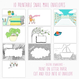 10 Printable Snail Mail Art Envelopes. Print on 8.5x11 paper then cut and fold into 5x7 Envelope. Digital Download. Read Item Description!