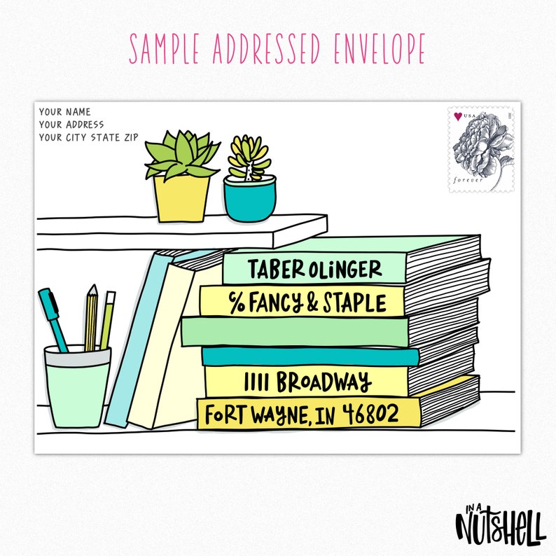 Personalized Greeting Card: Handwritten Message & Decorative Envelope A - Books on Shelf