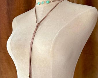 Lani Crysoprase and Gold Wrap in Beige, Mood Stabilizer Crysoprase Necklace on Soft Suede Lace, Presh Gemstone Jewelry in Versatile Design