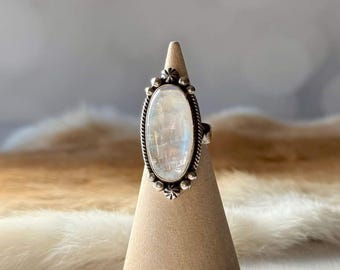 Mabel Moonstone Ring, Rainbow Moonstone Gemstone Ring in Sterling Silver, Presh Signature Boho Ring in Adjustable Design
