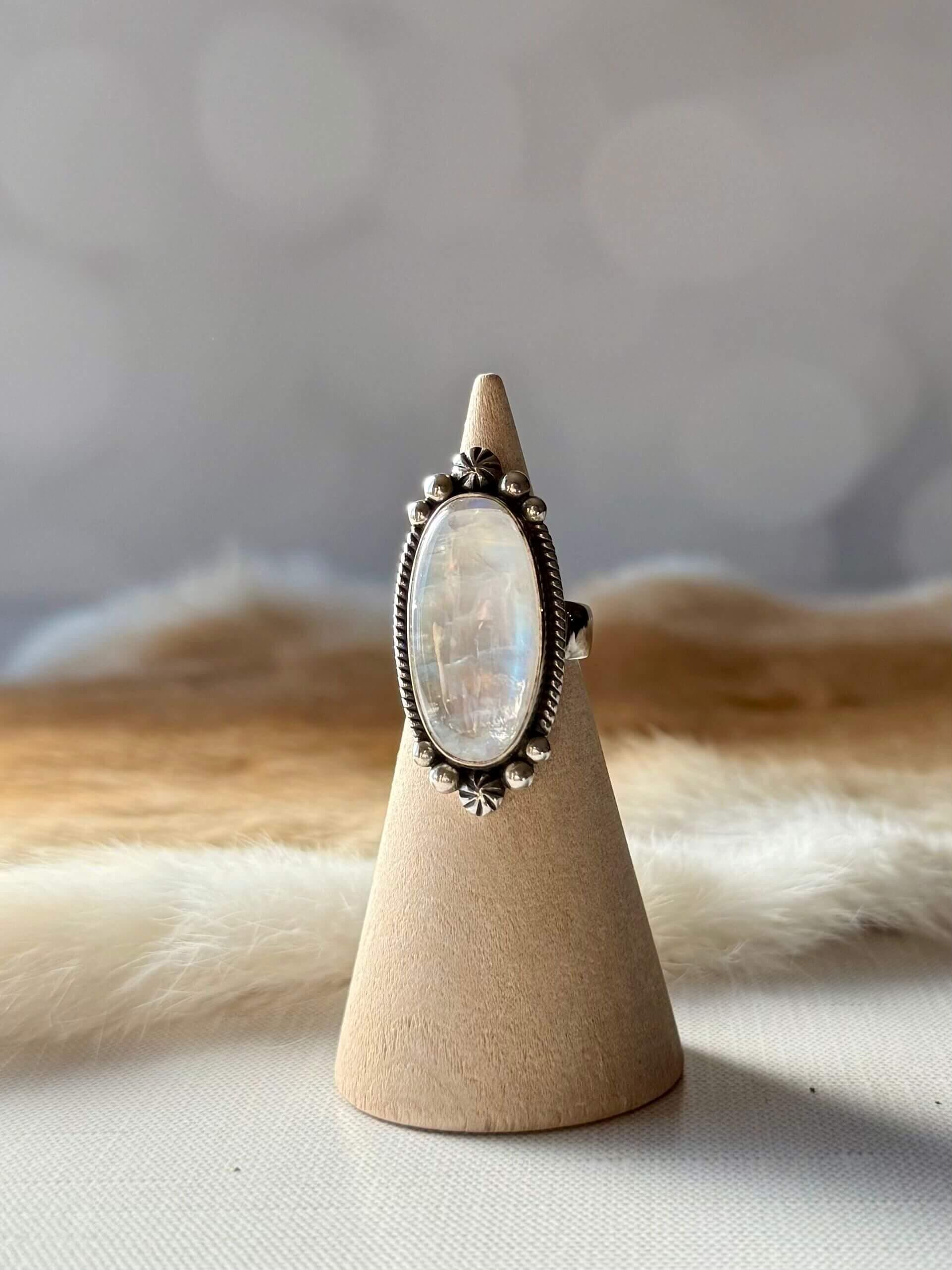 Mabel Moonstone Ring, Rainbow Moonstone Gemstone Ring in Sterling