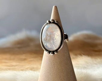 Mira Moonstone Ring, Rainbow Moonstone Gemstone Ring in Sterling Silver, Presh Handmade One of a Kind Ring in Adjustable Style