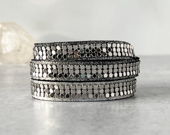 Mesh Wrap Bracelet, Dark Shimmer Leather & Silver Mesh Bracelet, Presh Bracelet, Triple Wrap Bracelet, Metallic Italian Leather Bracelet