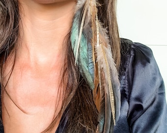 Long Feather Earrings in Coffee Shimmer, Genuine Metallic Italian Leather, Gold Chain Earrings, Presh Boho Earrings