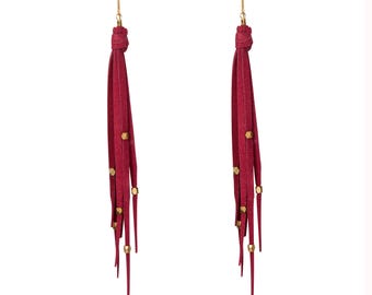 Tara Tassel Earrings in Vino and Brass, Soft Suede Drop Earrings, Presh Earrings, Faceted Brass Beads Earring, Genuine Italian Suede Earring