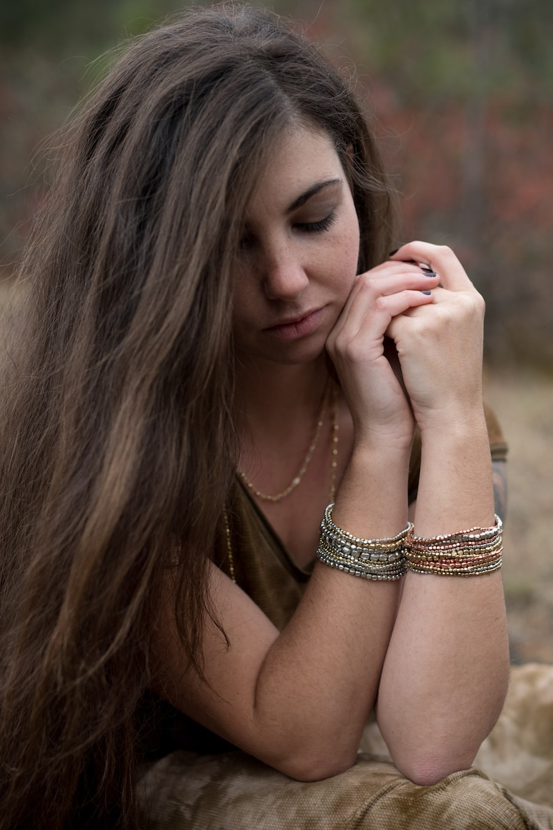 Pebble Bead Bracelet Set In Mixed Silver and Gold, Best Seller Beaded Bracelet, Two-Color Stacking Bracelet, Presh Beads Bracelet image 2