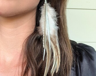 Feather Earrings in Army Shimmer, Rhinestone Earring, Presh Earring, Army Shimmer Earring, Silver Chain Earring, Italian Leather Earring
