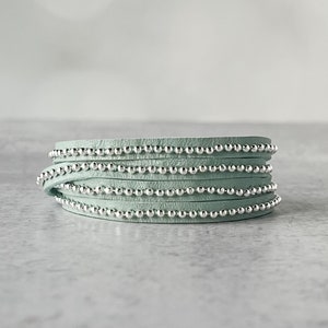 Beads Row Slender Wrap Bracelet, Sky Leather & Silver Chain Bracelet, Presh Bracelet, Beaded Double Wrap Bracelet, Italian Leather Bracelet