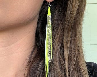 Tassel Earrings In Lemon, Genuine Italian Leather, Crystal AB Rhinestones Earrings, Presh Earrings