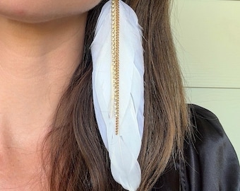 Feather Earrings in White Gold, Genuine Italian Leather, Crystal Rhinestones Earrings, Presh Earrings, Gold Chain Earrings