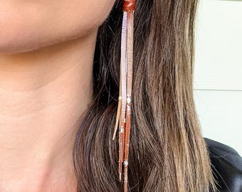 Tara Tassel Earrings in Whiskey, Genuine Italian Leather, Silver Beads Earrings, Presh Earrings
