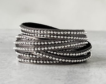 Beads Row Wrap Bracelet, Foxy Leather & Silver Bead Chain Bracelet, Presh Bracelet, Sliced Double Wrap Bracelet, Italian Leather Bracelet