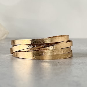 Sloane Sliced Wrap Bracelet, Gold Leather Bracelet with Brass Snap, Presh Bracelet, Double Wrap Bracelet, Metallic Italian Leather Bracelet