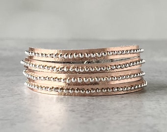 Beads Row Slender Wrap Bracelet, Rose Gold Leather & Silver Chain Bracelet, Presh Bracelet, Beaded Double Wrap Bracelet in Italian Leather