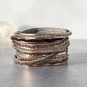 Mixed Media Wrap Bracelet, Rose Gold Leather Bracelet with Crystal Rhinestones & Metal Chains, Presh Bracelet, Italian Leather Bracelet
