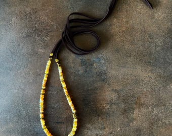 Golden Opal Slider, Beaded Antique Brass Necklace on Brown Italian Suede, Presh Gold Plated Gemstone Jewelry on Adjustable Leather Cord