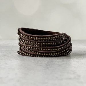 Beads Row Wrap Bracelet, Earth Leather & Brass Bead Chain Bracelet, Presh Bracelet, Sliced Double Wrap Bracelet, Italian Leather Bracelet