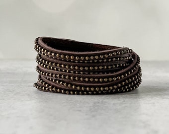 Beads Row Wrap Bracelet, Earth Leather & Brass Bead Chain Bracelet, Presh Bracelet, Sliced Double Wrap Bracelet, Italian Leather Bracelet