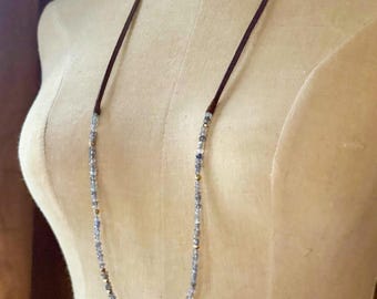 Magical Labradorite Slider, Spiritual Healing Gemstone Necklace on Brown Genuine Leather, Versatile Presh Jewelry in Adjustable Style