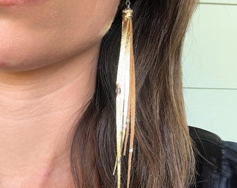 Tara Tassel Earrings in Gold, Genuine Italian Leather, Silver Beads Earrings, Presh Earrings