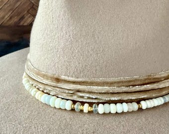 Ethereal Opal Slider Hat Band, Luminescent Protection Gemstone Hat Band on Black Italian Leather, Gold Plated Jewelry in Multifaceted Design