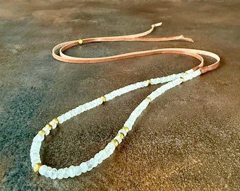 Magical Moonstone Slider, Gemstone and Pyrite Necklace on Tan Italian Leather, 24K Gold Plated Presh Jewelry in Convertible Design