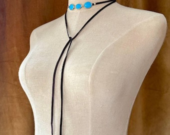 Lani Turquoise and Gold Wrap, Turquoise Pendant and Gold Beads Necklace on Soft Leather, Brown Lariat Presh Jewelry in Adjustable Design