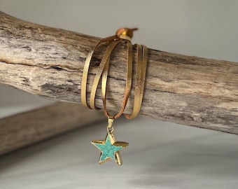 Avery Star Necklace, Howlite Turquoise Pendant Necklace, Presh Necklace, 24K Gold Plated Necklace on Gold Cord, Italian Leather Necklace