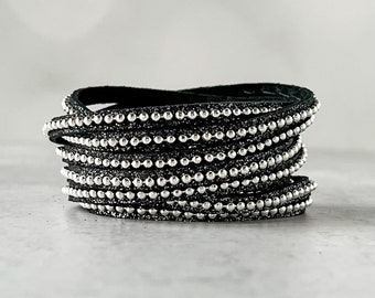 Beads Row Wrap Bracelet, Charcoal Shimmer & Silver Bead Chain Bracelet, Presh Bracelet, Sliced Wrap Bracelet, Italian Leather Bracelet