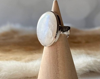 Maia Moonstone Ring, Rainbow Moonstone Gemstone Ring in Sterling Silver, Presh Handcrafted One of a Kind Ring in Adjustable Design