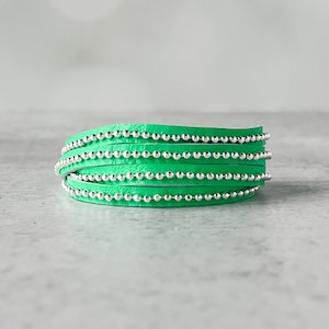 Beads Row Slender Wrap Bracelet, Kelly Leather & Silver Chain Bracelet, Presh Bracelet, Beaded Double Wrap Bracelet in Italian Leather