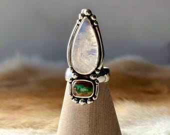 Mary Jo Ring, Moonstone and Royston Turquoise Gemstone Ring in Sterling Silver, Presh Twin Stone One of a Kind Ring in Adjustable Style