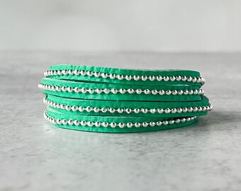 Beads Row Slender Wrap Bracelet, Turquoise Leather & Silver Chain Bracelet, Presh Bracelet, Beaded Double Wrap Bracelet in Italian Leather