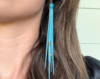Tara Tassel Earrings in Lake and Gold, Genuine Italian Leather, Gold Beads Earrings, Presh Earrings