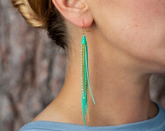 Tassel earrings in Turquoise featuring soft genuine Italian leather. Accented with Crystal rhinestones and gold tone chain.
