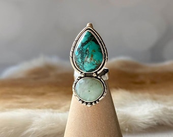 Bailey Blue Ring, Turquoise and Peruvian Opal Gemstone Ring in Sterling Silver, Presh Double Stone Handcrafted Ring in Adjustable Style