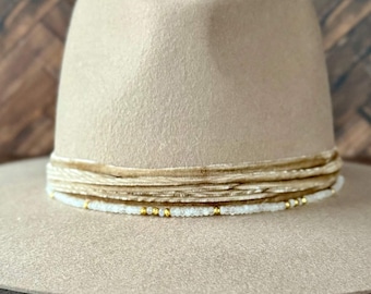 Magical Moonstone Slider Hat Band, Gemstone and Pyrite Necklace on Tan Italian Leather, 24K Gold Plated Presh Jewelry in Convertible Design
