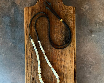 Ethereal Opal Slider, Luminescent Protection Gemstone Necklace on Black Italian Leather, Presh Gold Plated Jewelry in Multifaceted Design
