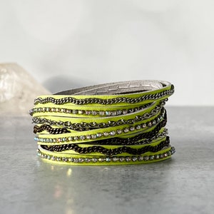 Mixed Media Wrap Bracelet, Lemon Leather Bracelet with Crystal Rhinestones & Varied Metal Chains, Presh Bracelet, Italian Leather Bracelet