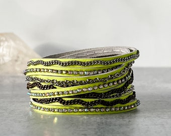 Mixed Media Wrap Bracelet, Lemon Leather Bracelet with Crystal Rhinestones & Varied Metal Chains, Presh Bracelet, Italian Leather Bracelet