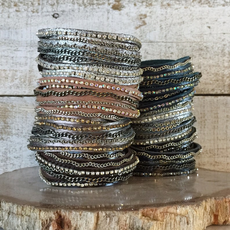 Mixed Media Wrap Bracelet in Silver Tones Presh Bracelet Silver Wrap Bracelet Varied Metal Chain Bracelet Crystal Rhinestone Bracelet