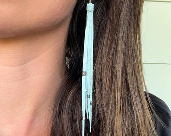 Tara Tassel Earrings in Sky, Genuine Italian Leather, Silver Beads Earrings, Presh Earrings