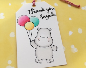 Handmade Thank You Gift Tags / Bookmarks with Cute Hippo Holding Rainbow Balloons