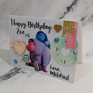 Cartão de aniversário personalizado feito à mão - Inside Out Disney Cute Lawn Fawn MFT Hipopótamo Elefante Balões Caracol Cogumelo