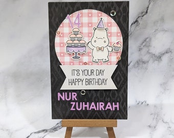 Customized Handmade Birthday Card - Cute Lawn Fawn MFT Hippo Balloons Cupcakes