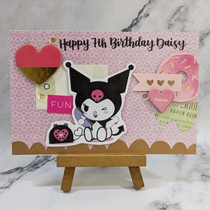 Handgemachte Liebeskarte mit Sanrio Kuromi My Melody Geburtstagskind Pailletten rosa lila Freund Freundin